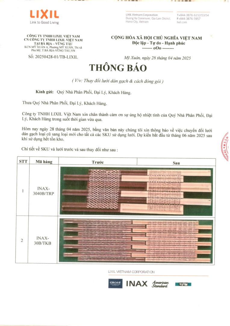Thông Báo Thay đổi Lưới & Amp Chèn Lót Gạch Dán Lưới Page 1